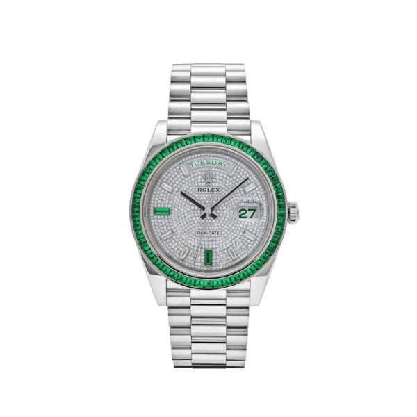 Rolex Day-Date 40 228396TEM Platinum Diamond Dial Emerald Bezel